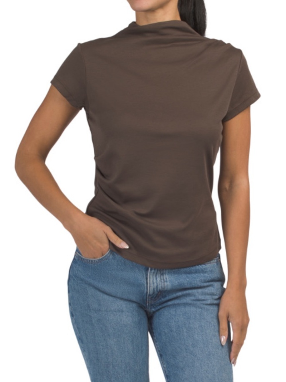 Rachel Zoe Classic Short Sleeve Mock Neck Top - Brown